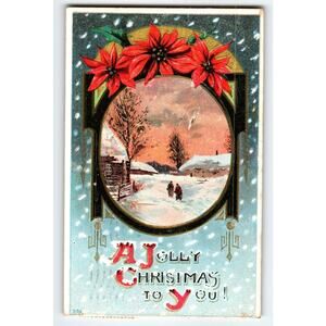 Vintage Embossed Jolly Christmas Snowy Village Postcard 1911